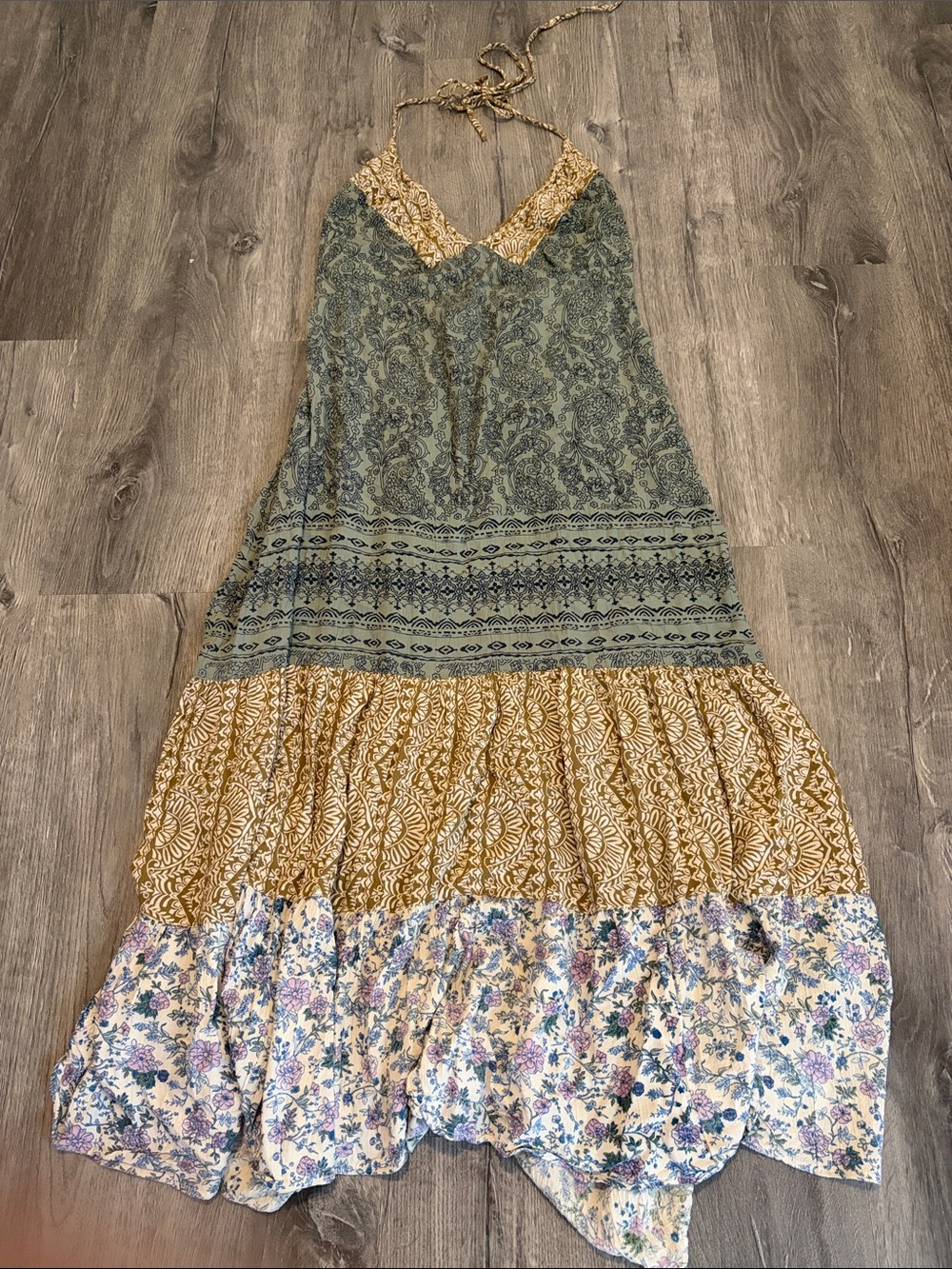 Boho Tiered Halter Maxi Dress in Green and Gold